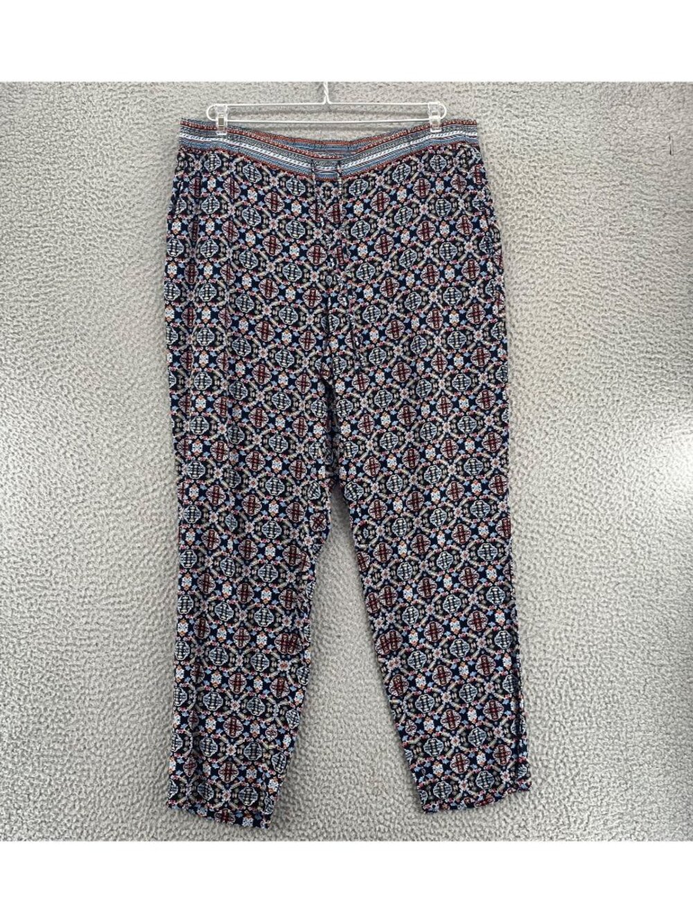 J Jill Pants Womens Large Black Blue Batik Tapered Leg Ankle Drawstring Pockets